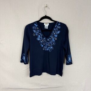 Talbots Petites Navy Blue Embroidered Sequin V-Neck 3/4 Sleeve Cotton Top M